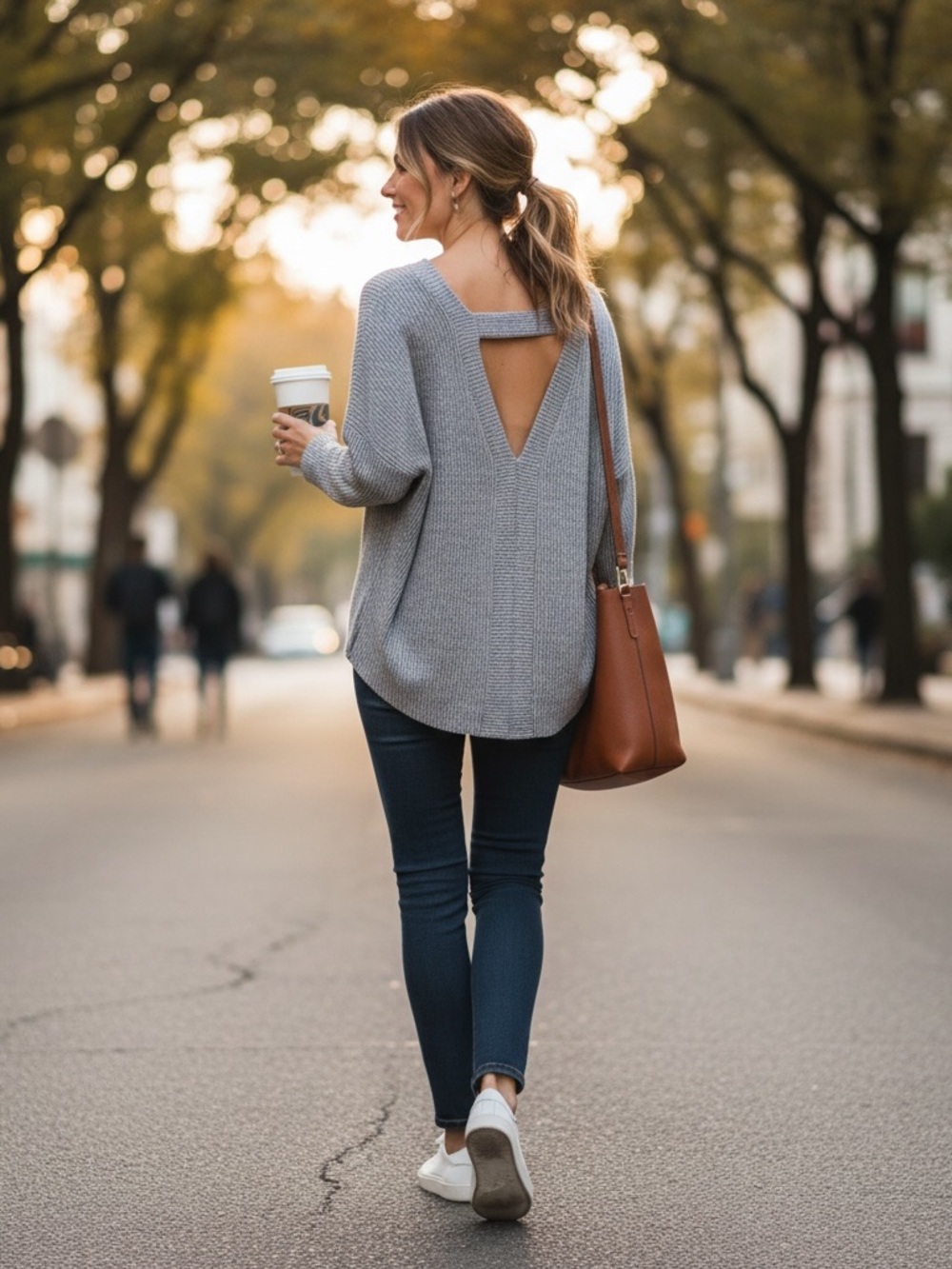Ginger G Light Gray Open-back Weave Knit Top